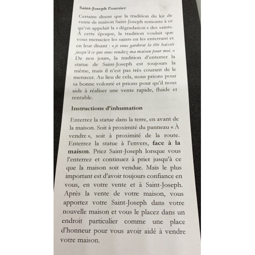 Statuette St-Joseph pour la vente d'une propriété
